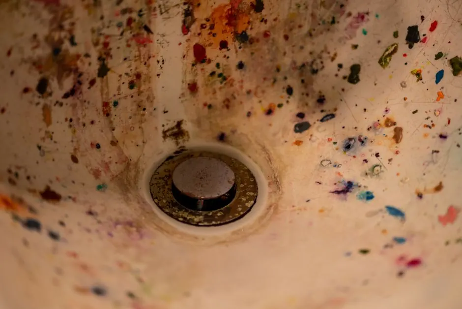Abstract view of a paint-splattered sink capturing artistic chaos and creativity.